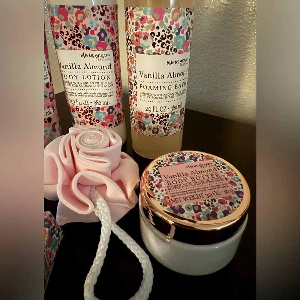 Olivia Grace Vanilla Almond Bath & Body Set Spa Gift Bundle Lotion Scrub Soap